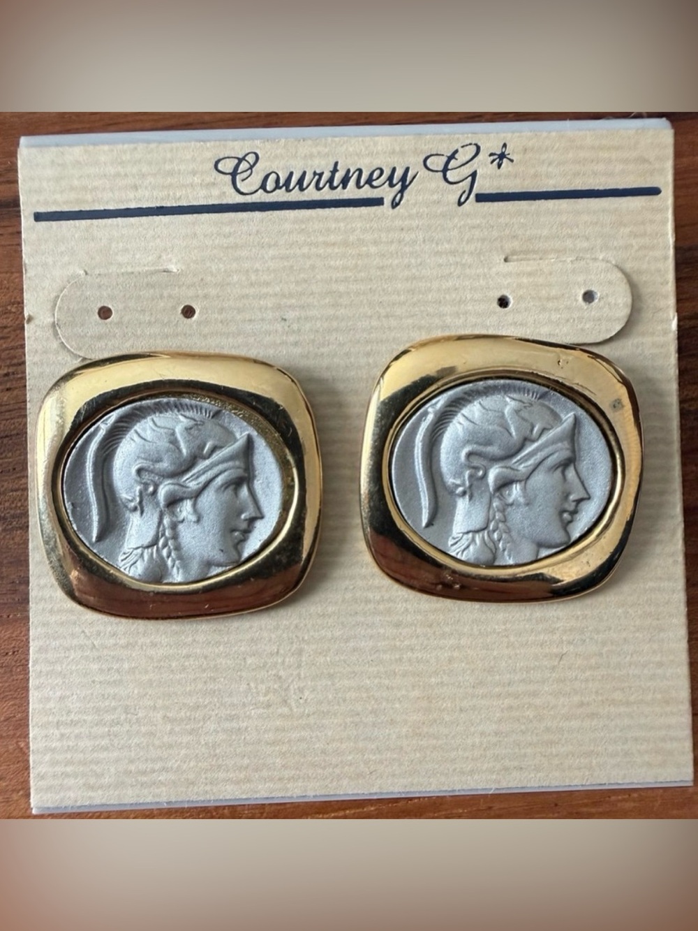 VTG Deadstock Gold & Silver Tone Coin Medallion Warrior Soldier Pierced Earrings